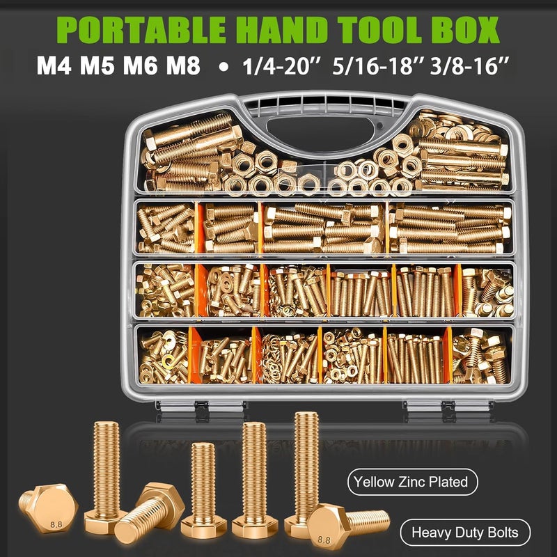 Twidec /Metric＆SAE Bolt Assortment,Grade 8.8 Hex Head Bolts and Nuts Assortment Kit, M4 M5 M6 M8 1/4-20 5/16-18 3/8-16 Heavy Duty Nuts and Bolts Kit Gold Zinc Plating with Storage Case - Image 3